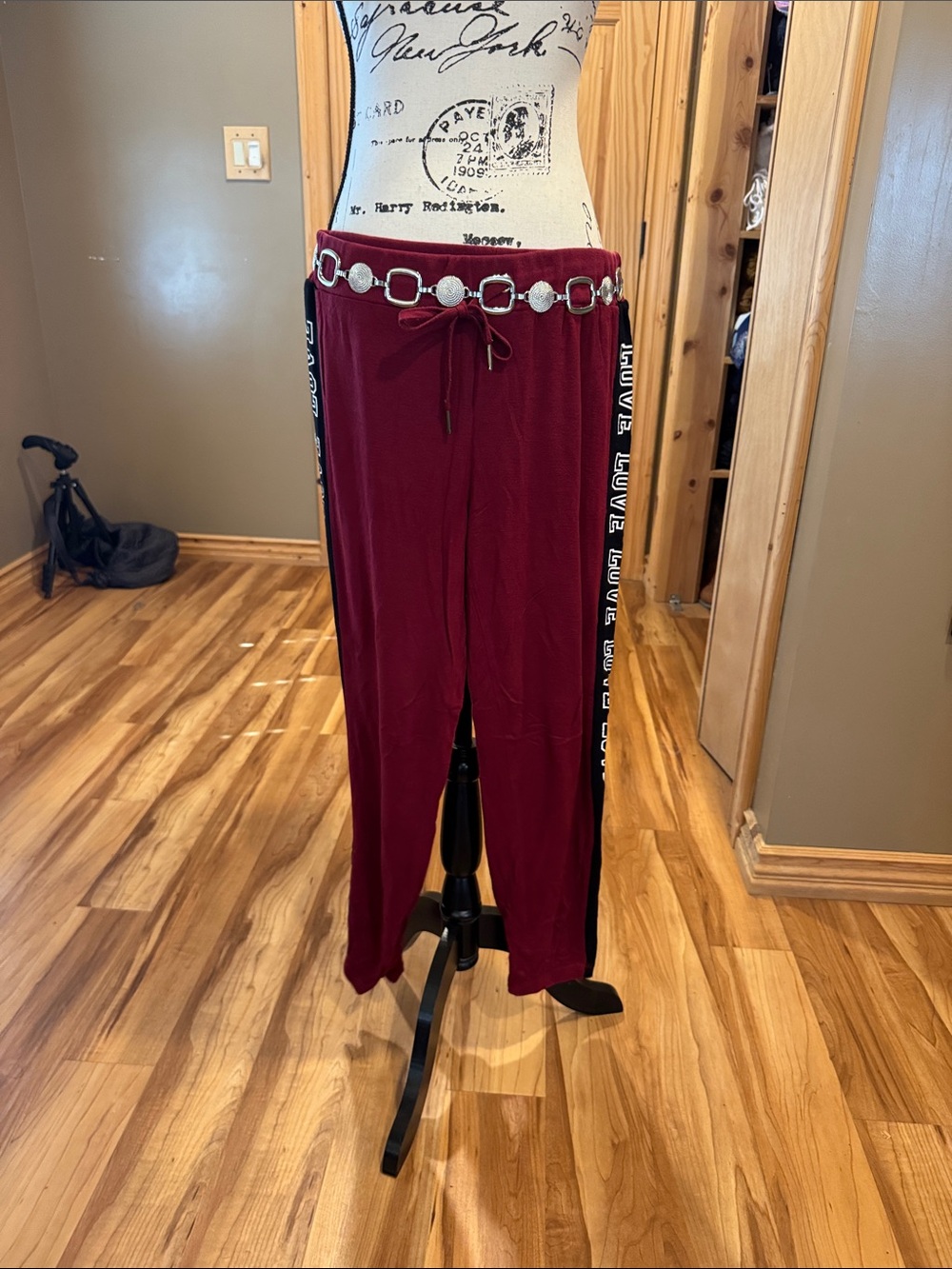 Love Burgundy Track Pants with Black Side Stripe